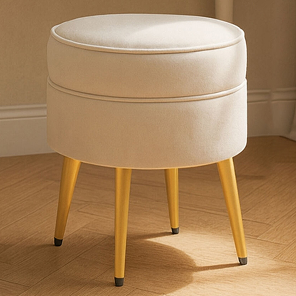 Premier Housewares Tamra Cream Velvet Round Padded Footstool with Gold Legs Image 1