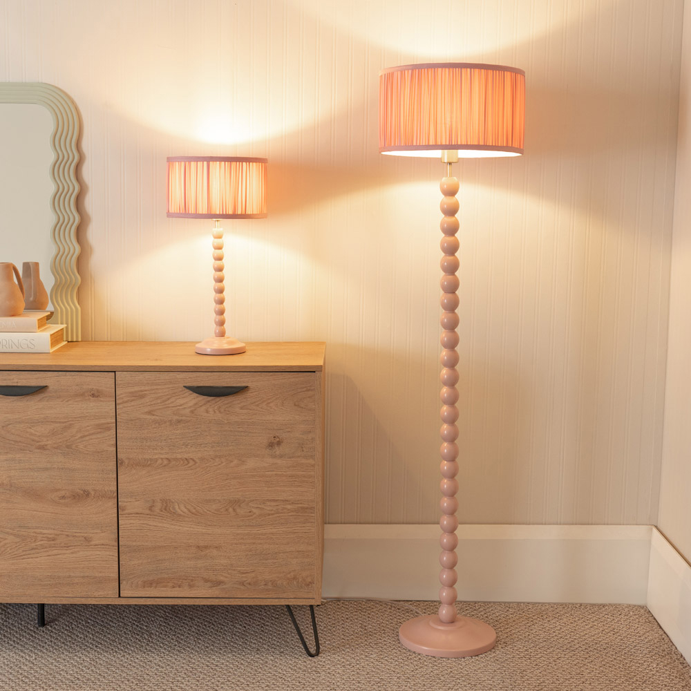 ValueLights Bobbins Ruched Pleated Blush Pink Drum Shade Painted Rose LED Floor Lamp Image 4