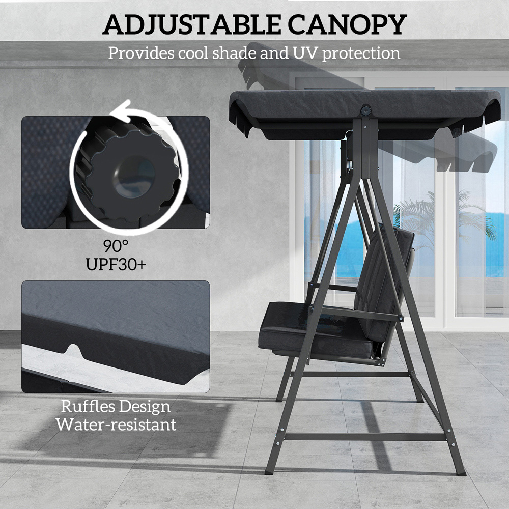 Outsunny 3 Seater Grey Garden Swing Bench with Adjustable Canopy and Cushion Image 6
