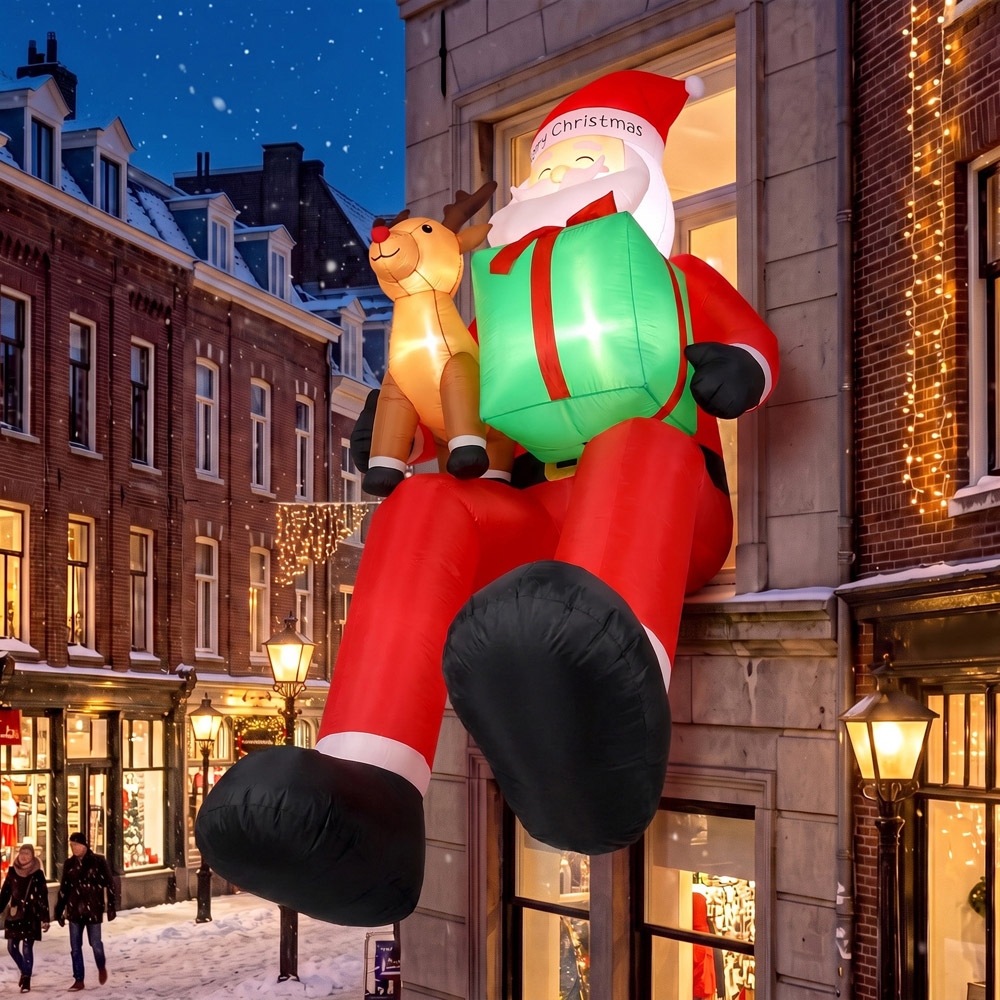 Outsunny 12 LED Giant Hanging Santa Claus with Reindeer Inflatable Outdoor Christmas Decoration 9ft Image 3