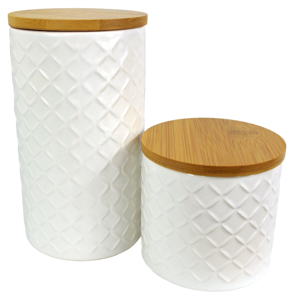 Leaf 2 Piece Cream Ceramic Canisters Set with Bamboo Lid Image 1