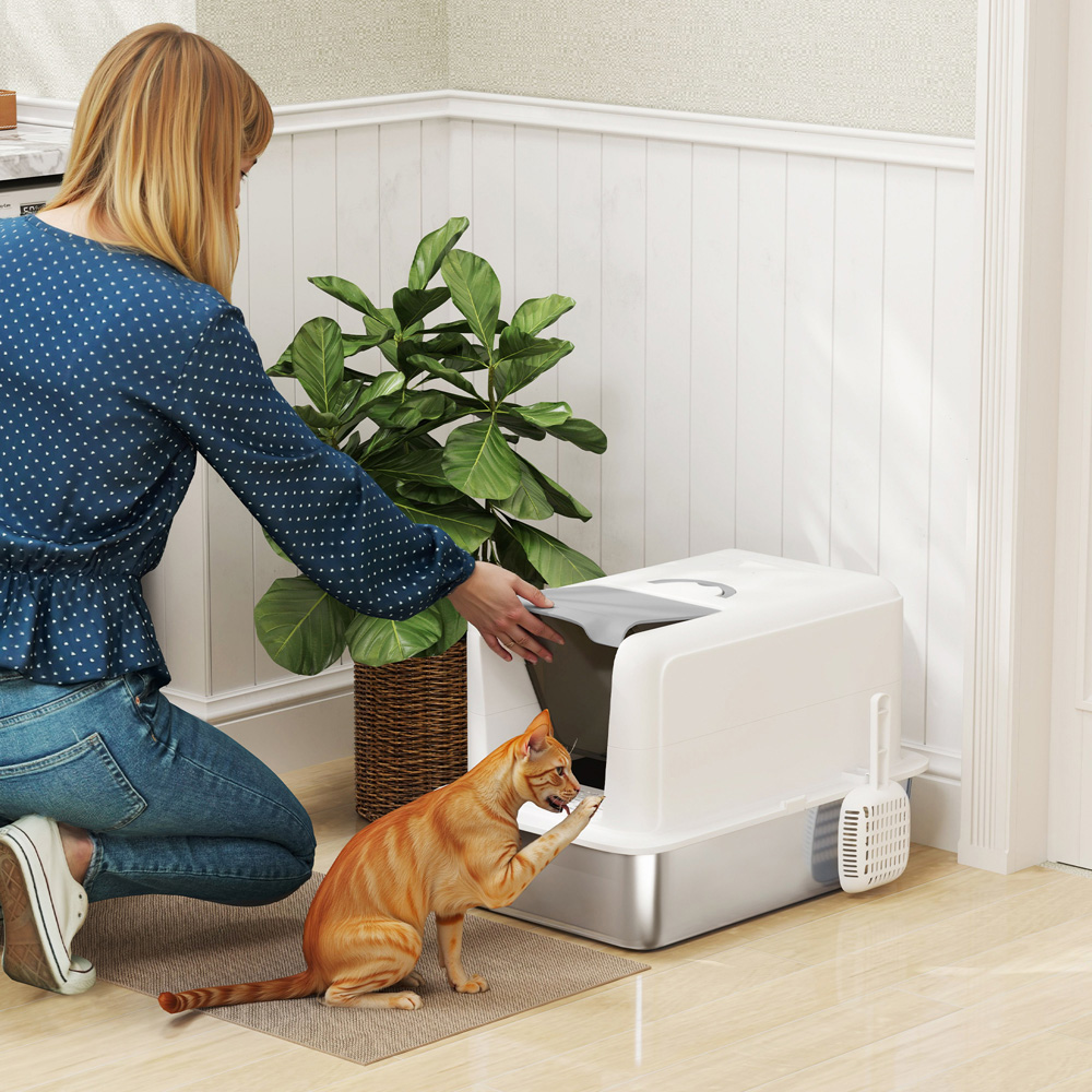 PawHut Grey Stainless Steel Cat Litter Box with Removable Lid and Scoop Image 2