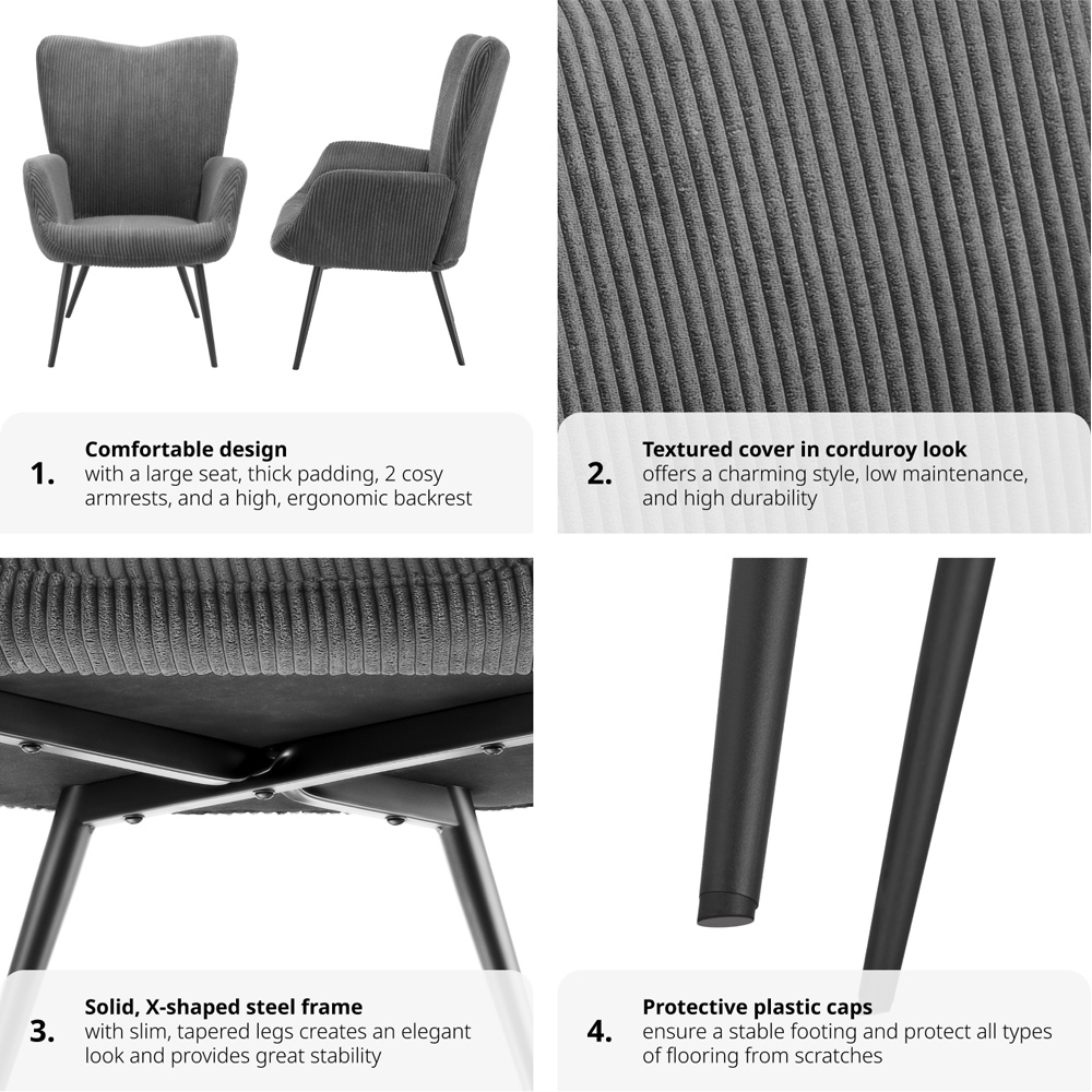 tectake Hygge Wide Corduroy Anthracite and Black Armchair Image 5