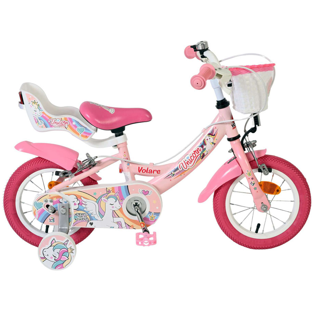 Volare Unicorn Kids 12 inch Pink Bike with Stabilisers Doll Seat and Basket Image 6