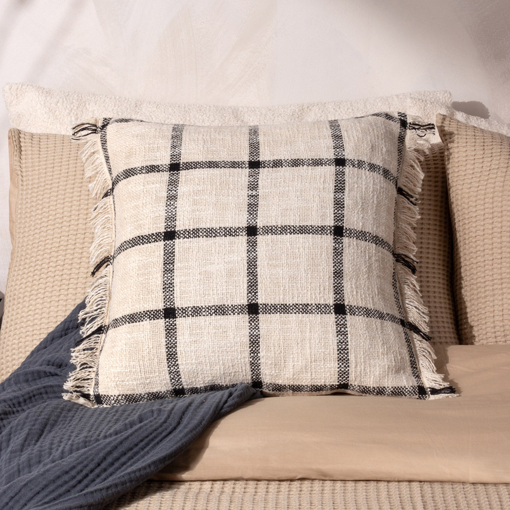 Yard Beni Natural and Black Check Fringed Cushion Image 2