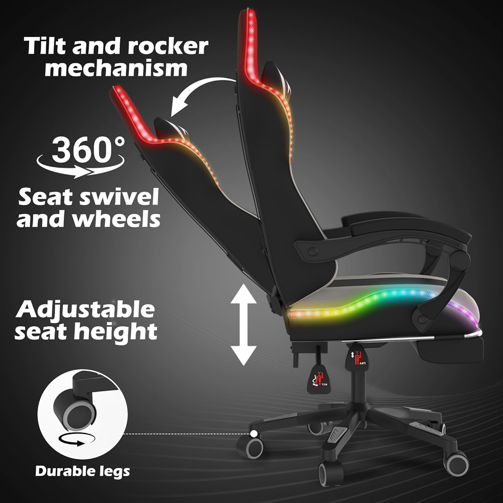 Alivio Grey PU Leather Wireless App Control LED Gaming Chair with Massage Lumbar Cushion Image 6