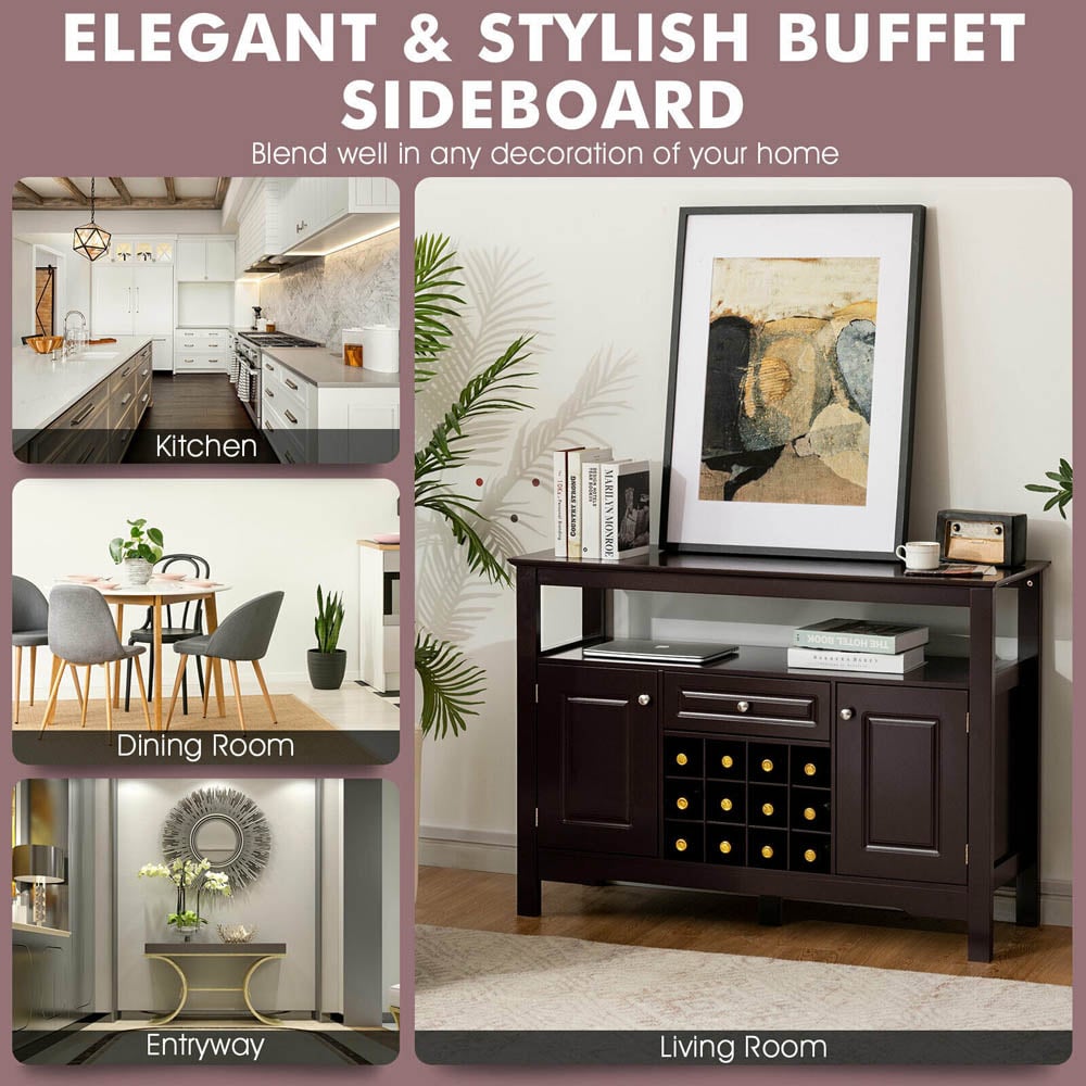 Costway 2 Door Single Drawer Brown Sideboard with 12 Wine Rack Image 5