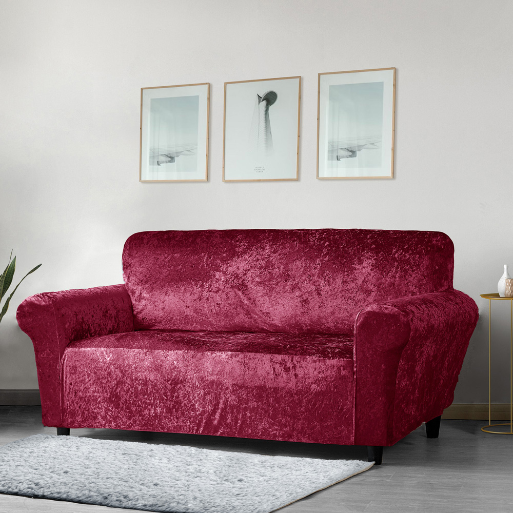 Homerepublic 3 Seater Wine Crushed Velvet Stretch Fit Sofa Cover Image 2