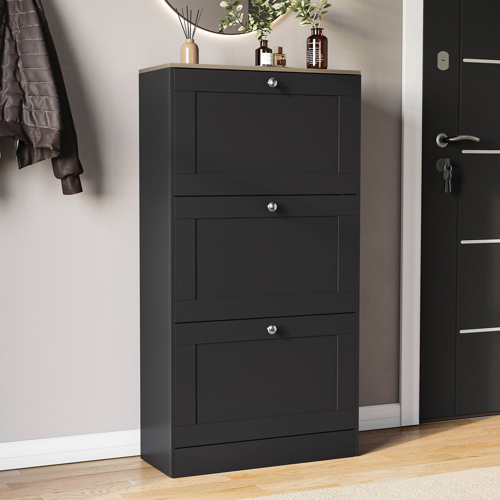 VIDA DESIGNS 3 Drawer Black and Oak Effect Shoe Cabinet Image 5