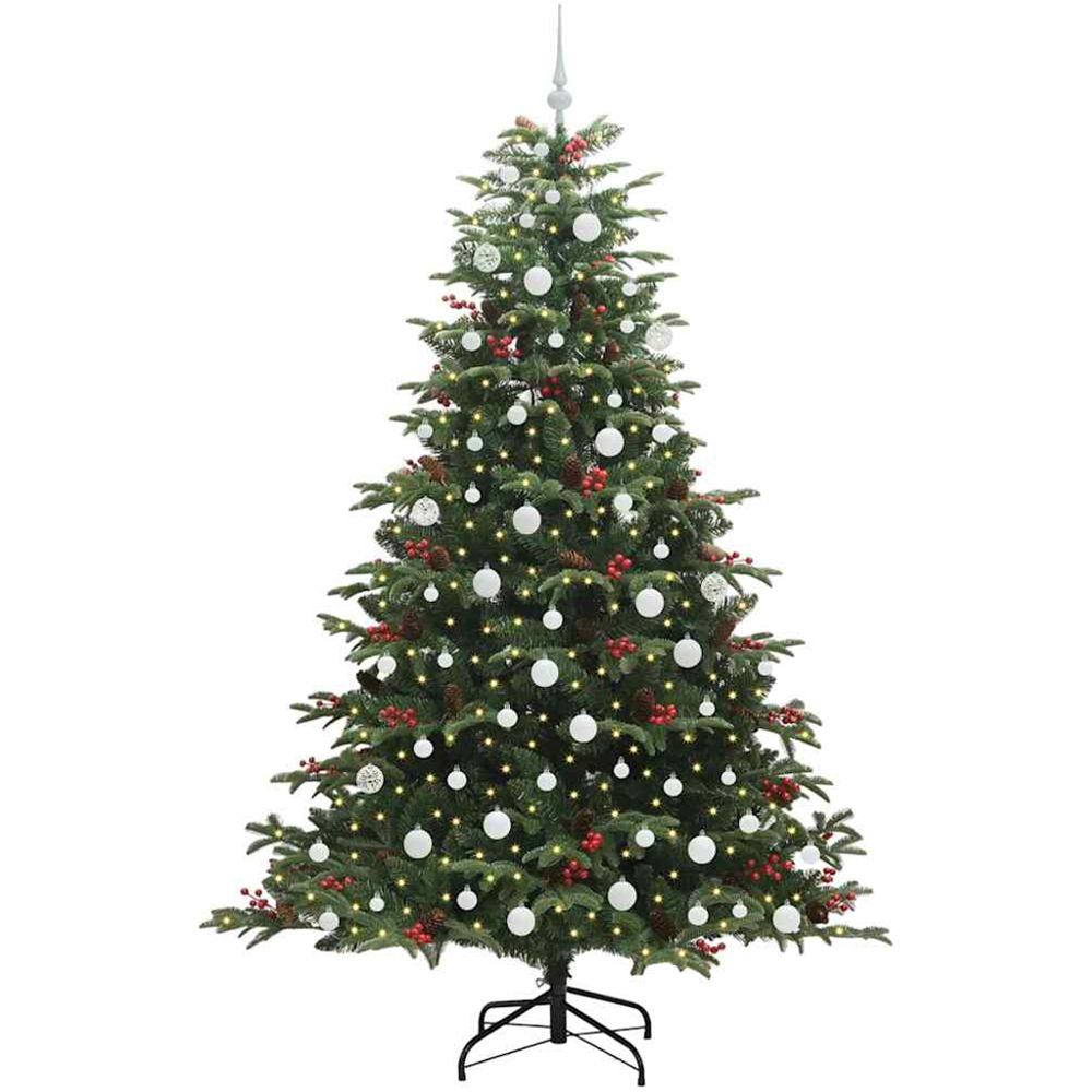 vidaXL Pre-Lit Warm White LED and White Baubles Green Artificial Christmas Tree with Stand 7ft Image 1
