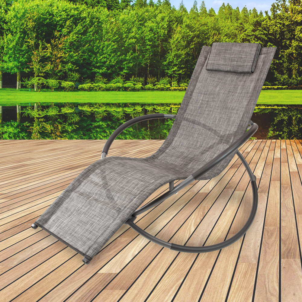 GardenKraft Louis Textile Black and Grey Rocking Lounger Image 8