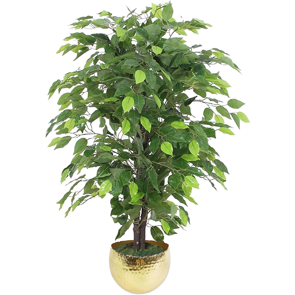 Leaf Ficus Artificial Tree in Gold Metal Planter 3ft Image 1
