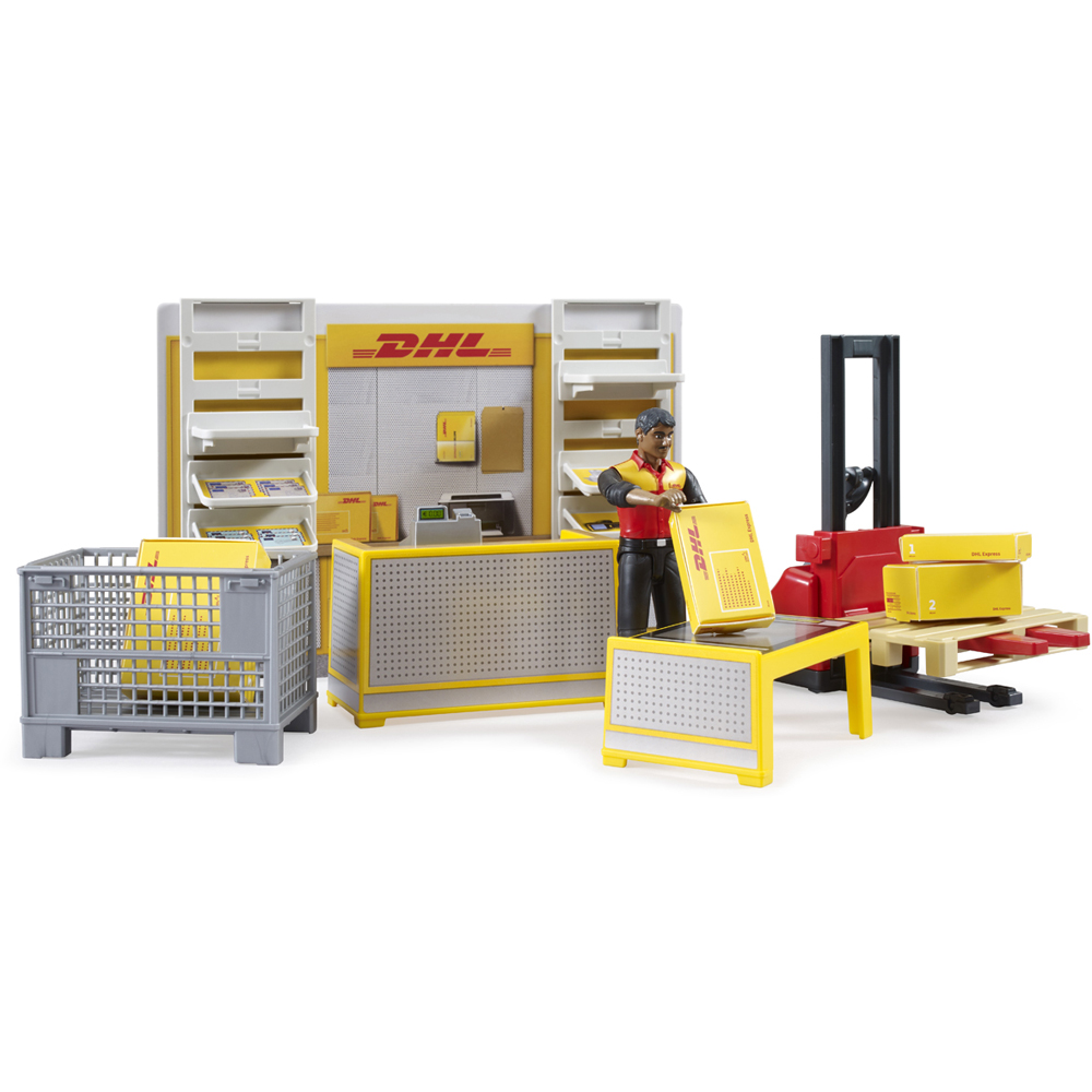 Bruder Bworld DHL Shop with Hand Pallet Truck Parcel Counter Cash Register and Worker Figure Image 6