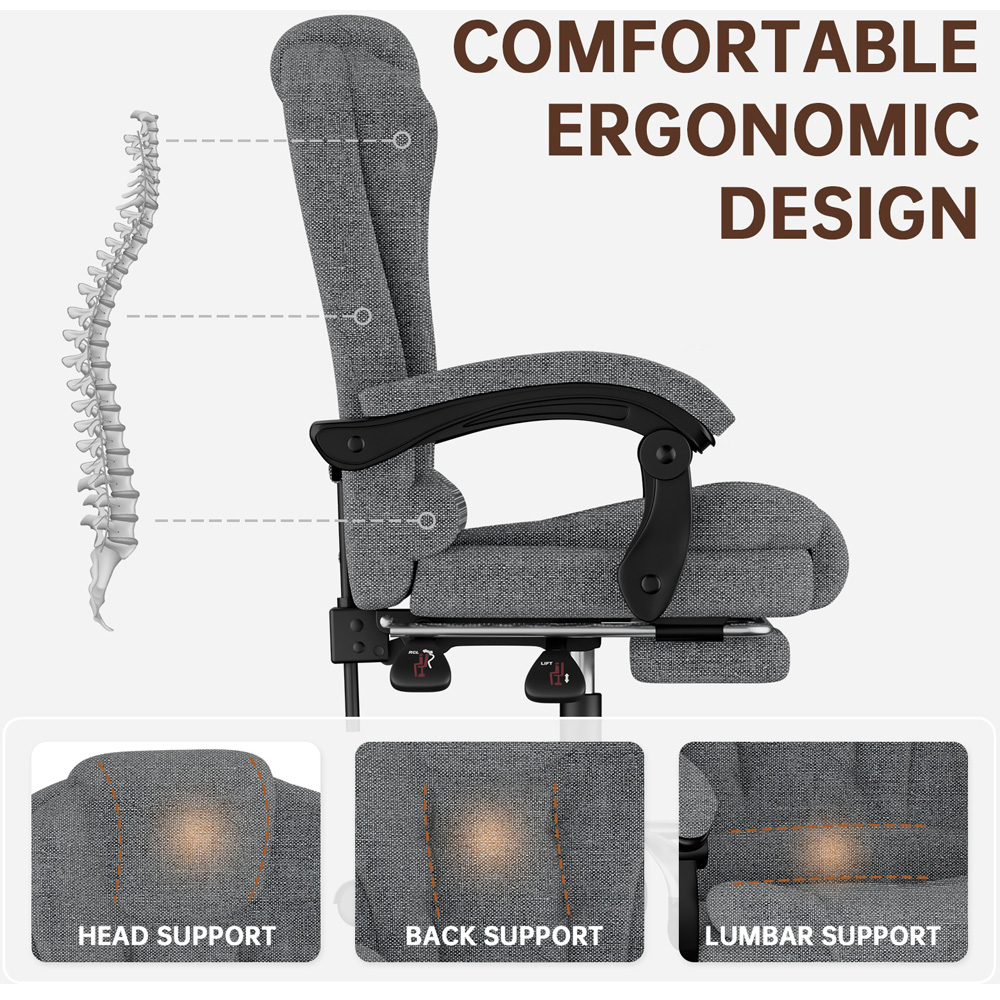 Rattrix Grey PU Leather Reclining Swivel Office Chair with Footrest and Lumbar Support Image 4
