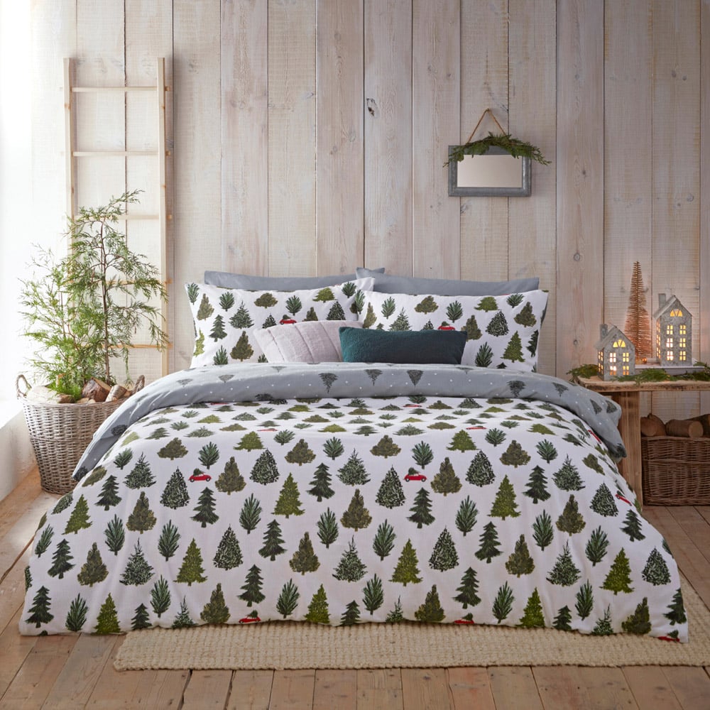 furn. King Size Green Evergreen Brushed Cotton Duvet Cover Set Image 1
