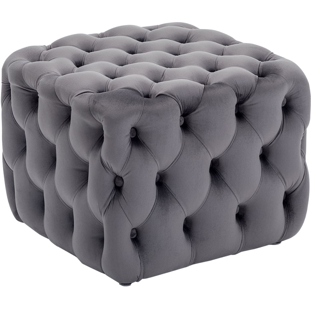 Living and Home Grey Square Velvet Upholstered Buttoned Footstool with Buckle Design Image 2