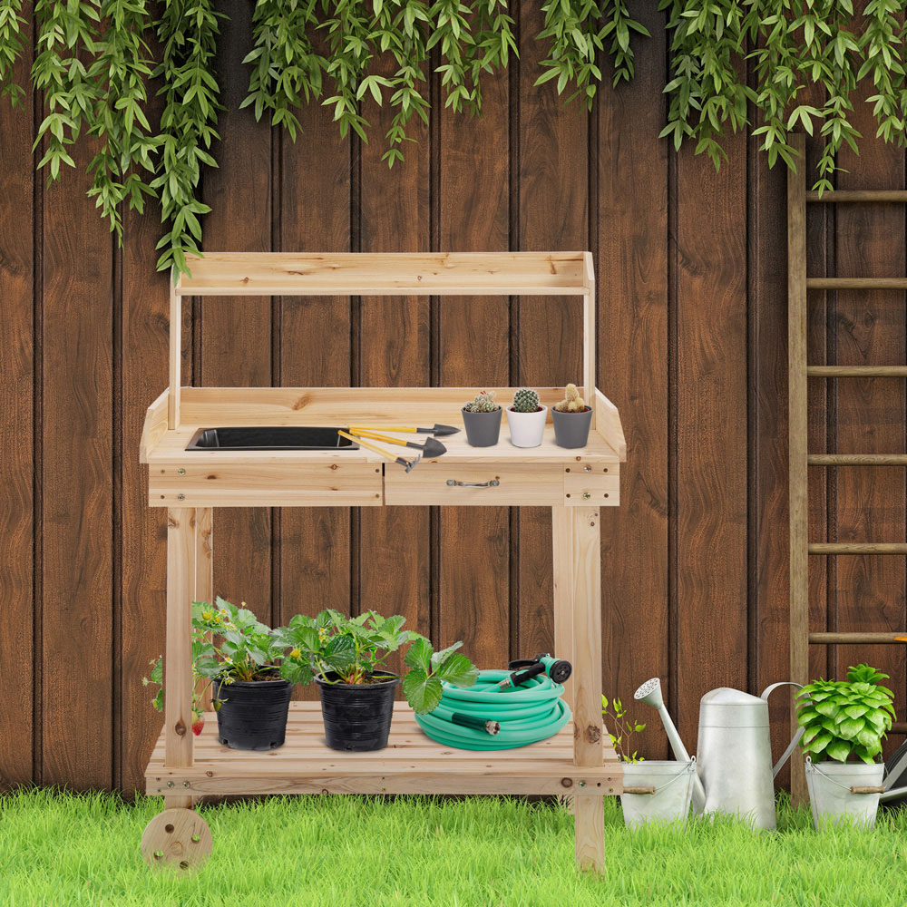 Outsunny Wooden Potting Bench with Wheels Image 2