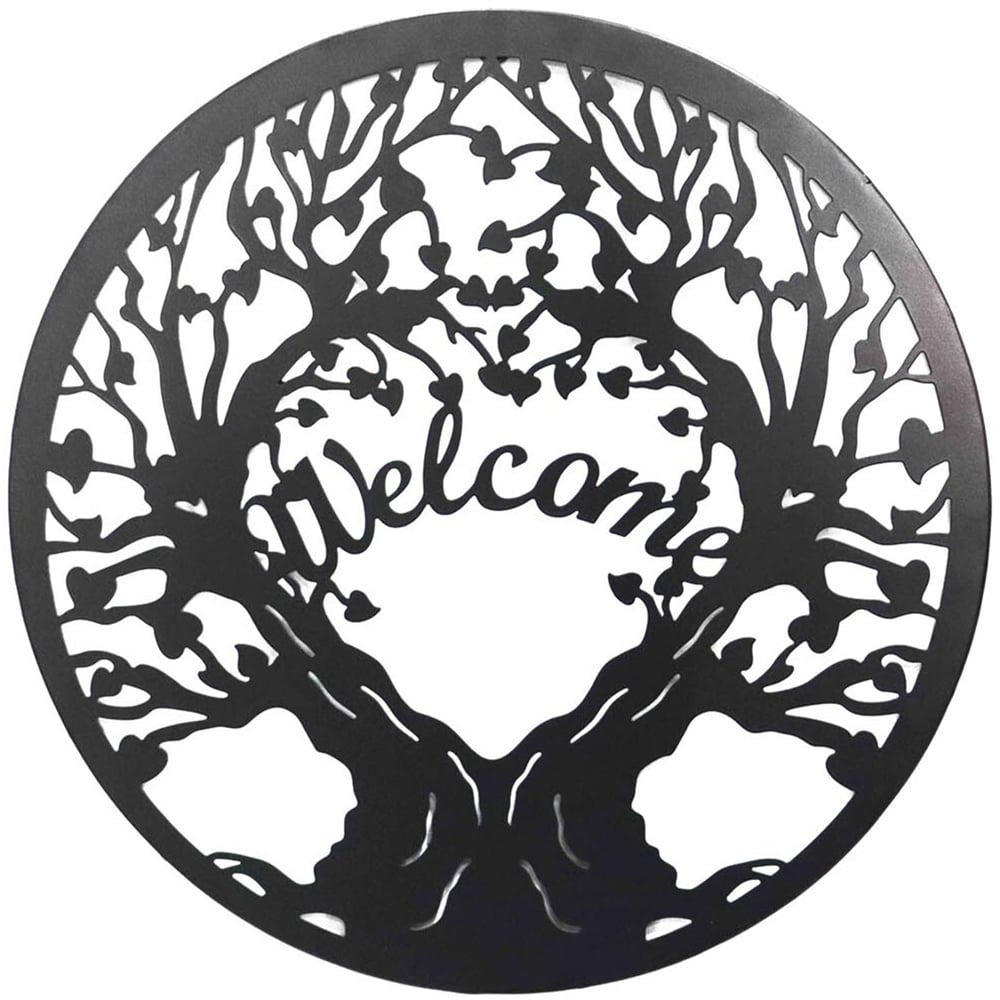 Indoor/Outdoor Welcome Tree Round Art - Black Image 1