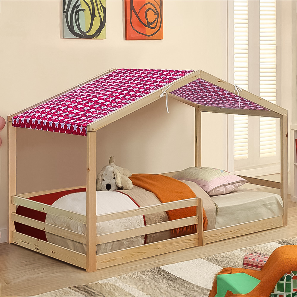 Brooklyn Single Natural Wooden House Style Bed with Red Tent Image 1