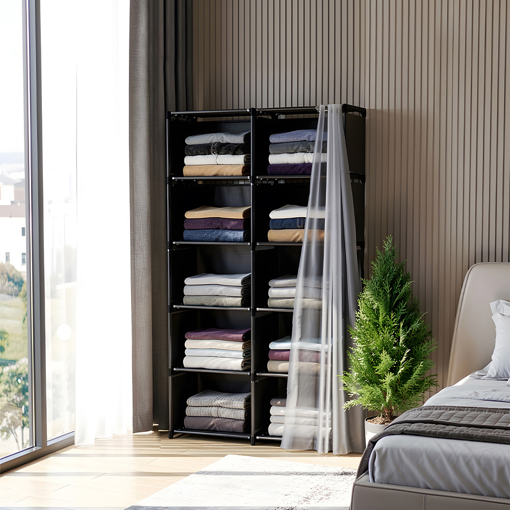Living and Home 5-Tier Black Freestanding Portable Wardrobe with Double-Row Storage and Curtain Image 7