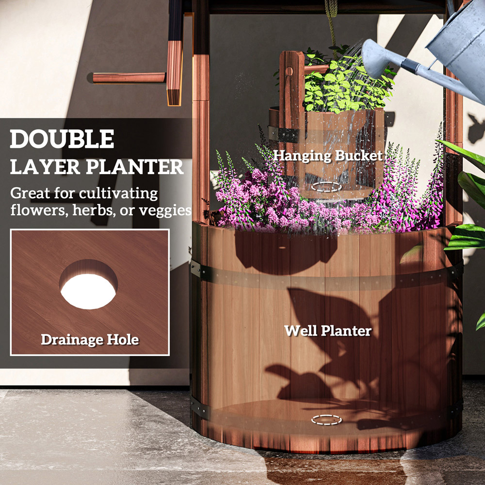 Outsunny Wooden Wishing Well Planter with Drainage Hole 100 x 42cm Image 7