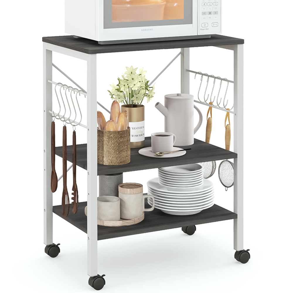 Costway 3 Shelf White and Black Storage Trolley with Removable Hooks Image 3