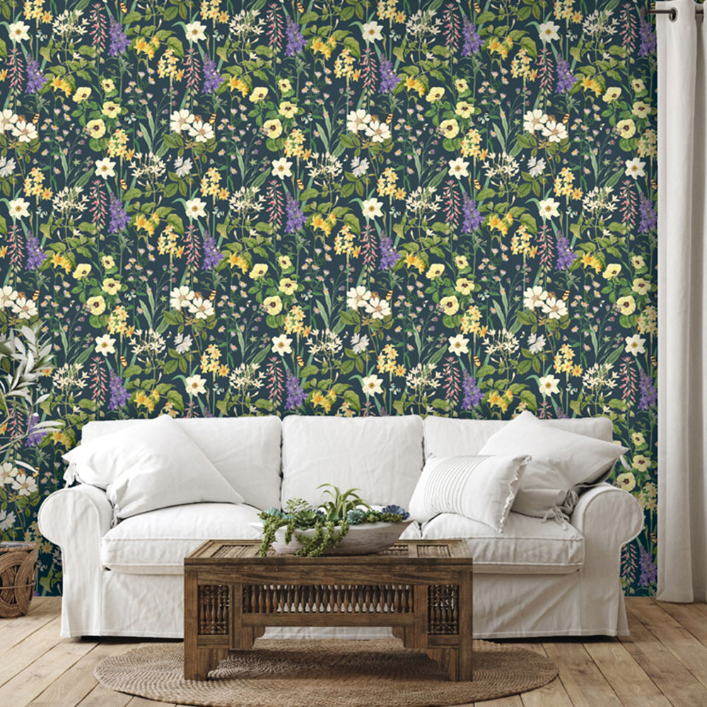 RHS Flower Medley Navy Wallpaper Image 4