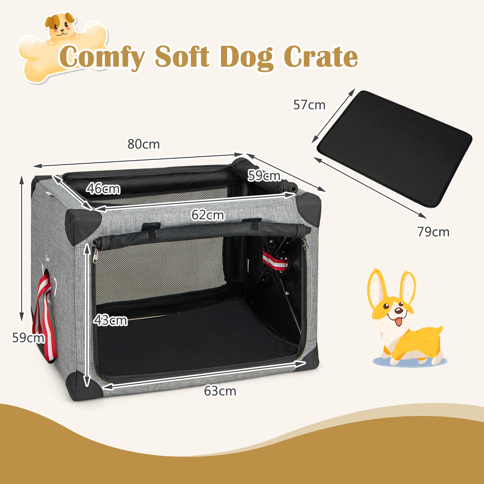 Costway 3 Door Large Foldable Dog Soft Kennel Image 9