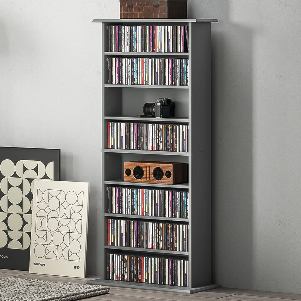 HOMCOM 8 Shelf Grey DVD and CD Media Storage Unit Image 1