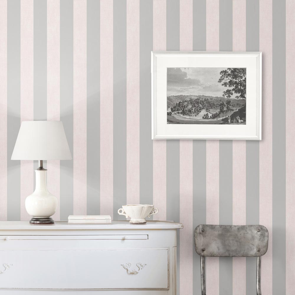 Darcy James Linen Stripe Pink and Silver Wallpaper Image 3