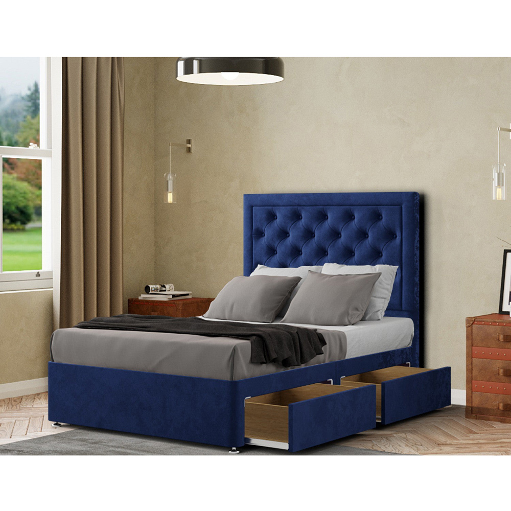 Portland Castle Super King Size Navy Plush Drawer Divan Bed with Headboard Image 2