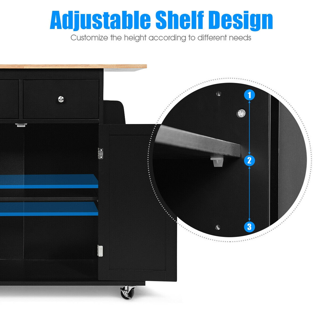 Costway Black Kitchen Island with Rubber Wood Countertop and Storage on Wheels Image 7