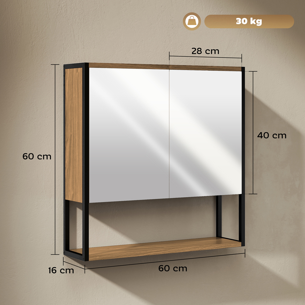 HOMCOM 2 Door Natural Industrial Mirror Bathroom Cabinet Image 9