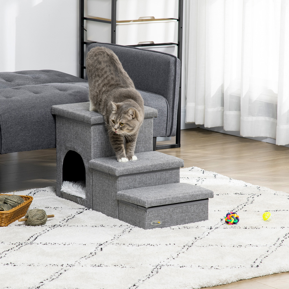 PawHut 3 Step Faux Linen Pet Stairs with Mini House Image 2