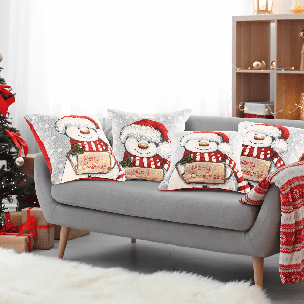 Noel Square Merry Xmas Snowman Cotton Chenille Cushion 56 x 56cm Image 4