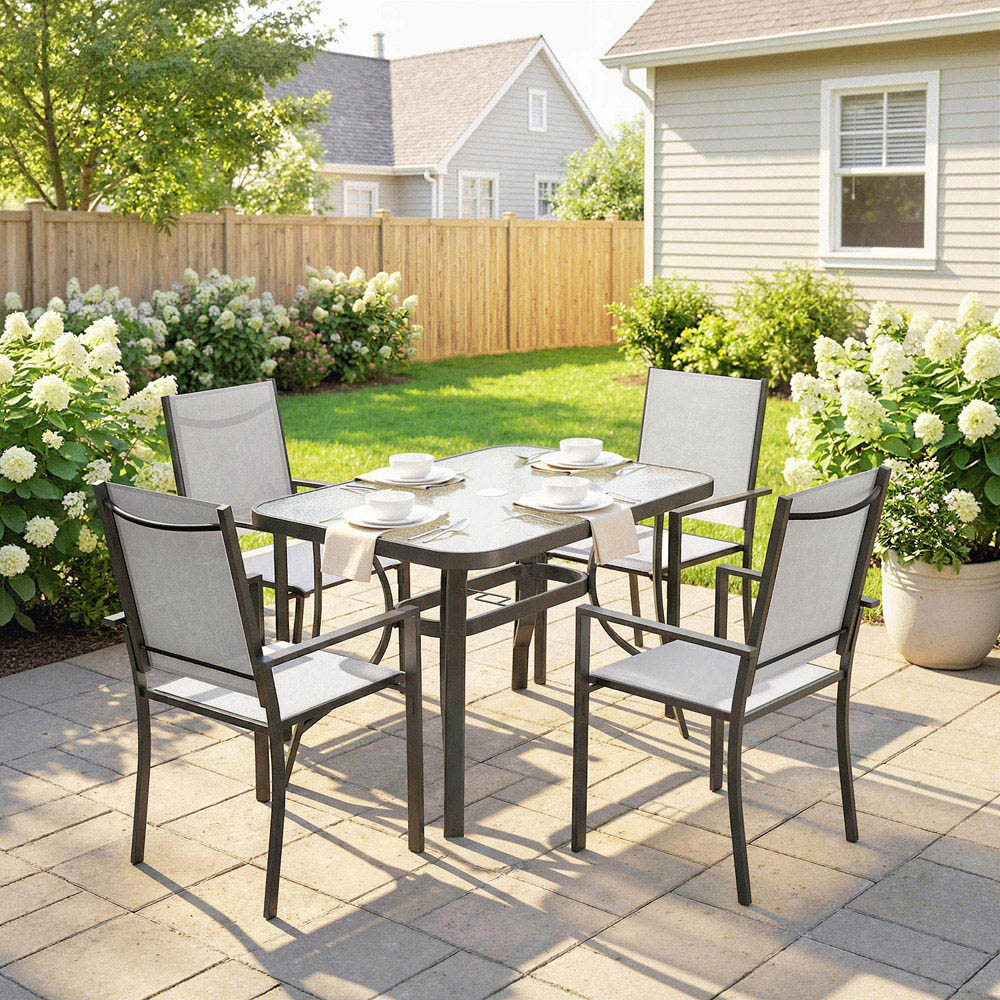 Outsunny 4 Seater Glass Top Stackable Garden Dining Set with Parasol Hole Light Grey Image 5