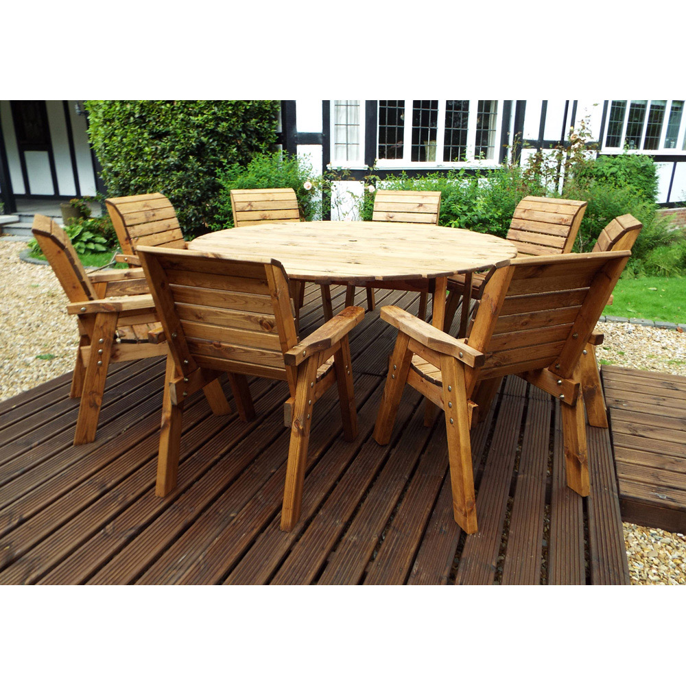 Charles Taylor Solid Wood 8 Seater Round Outdoor Dining Set with Red Cushions Image 2