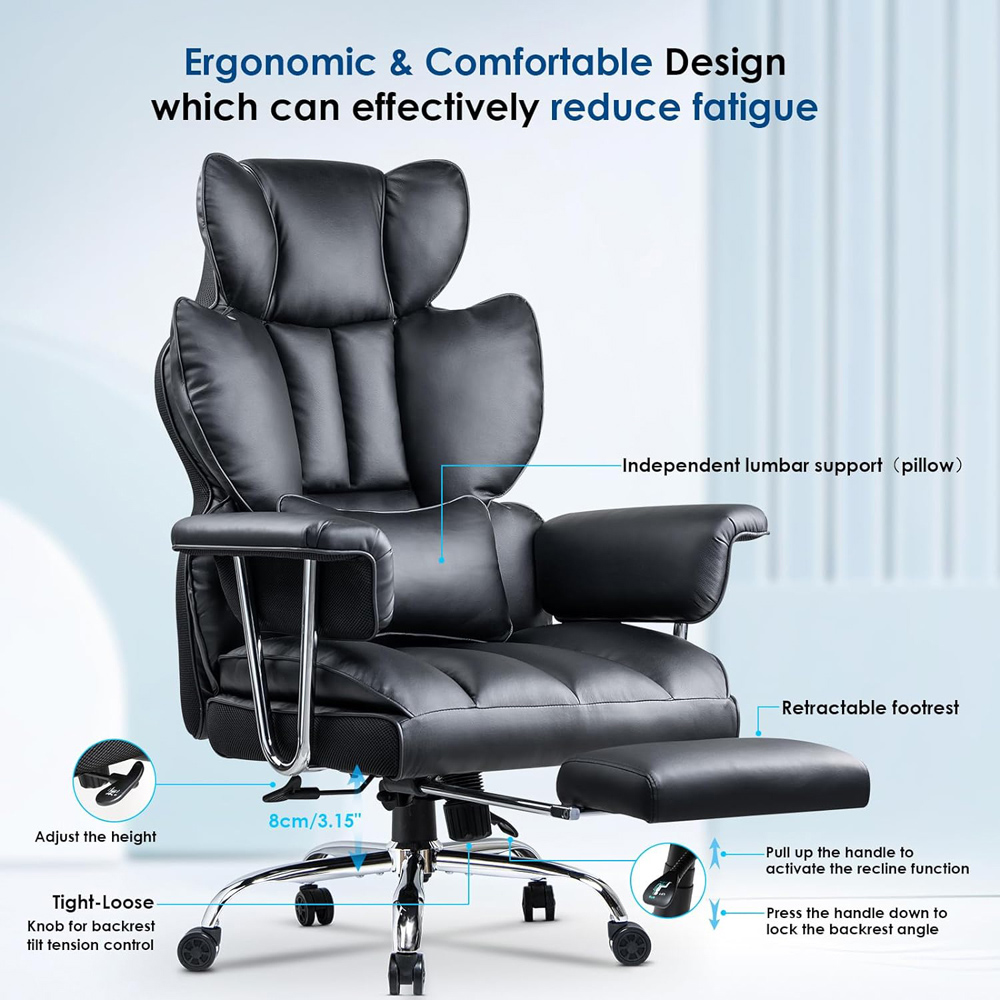 Rattrix Black Leather Ergonomic High Back Swivel Office Chair with Footrest Image 6