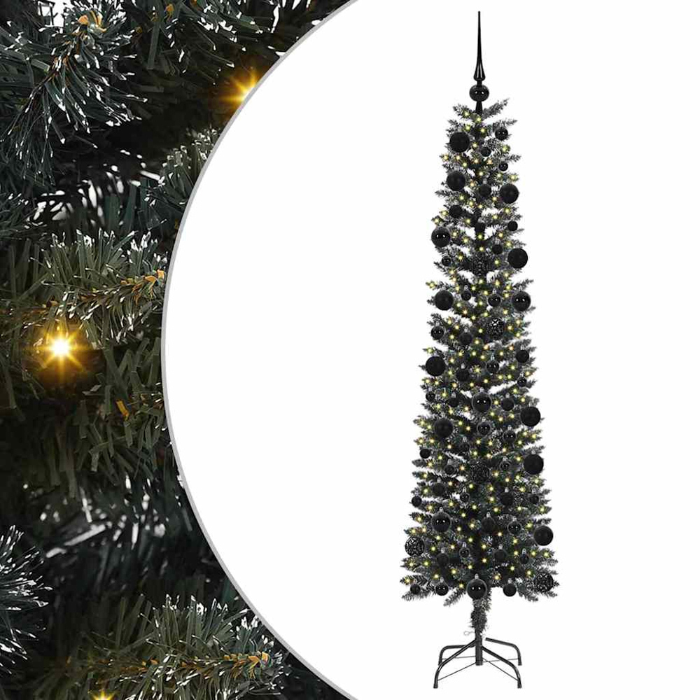 vidaXL Pre-Lit Black Baubles Green Artificial Christmas Tree 7ft Image 2
