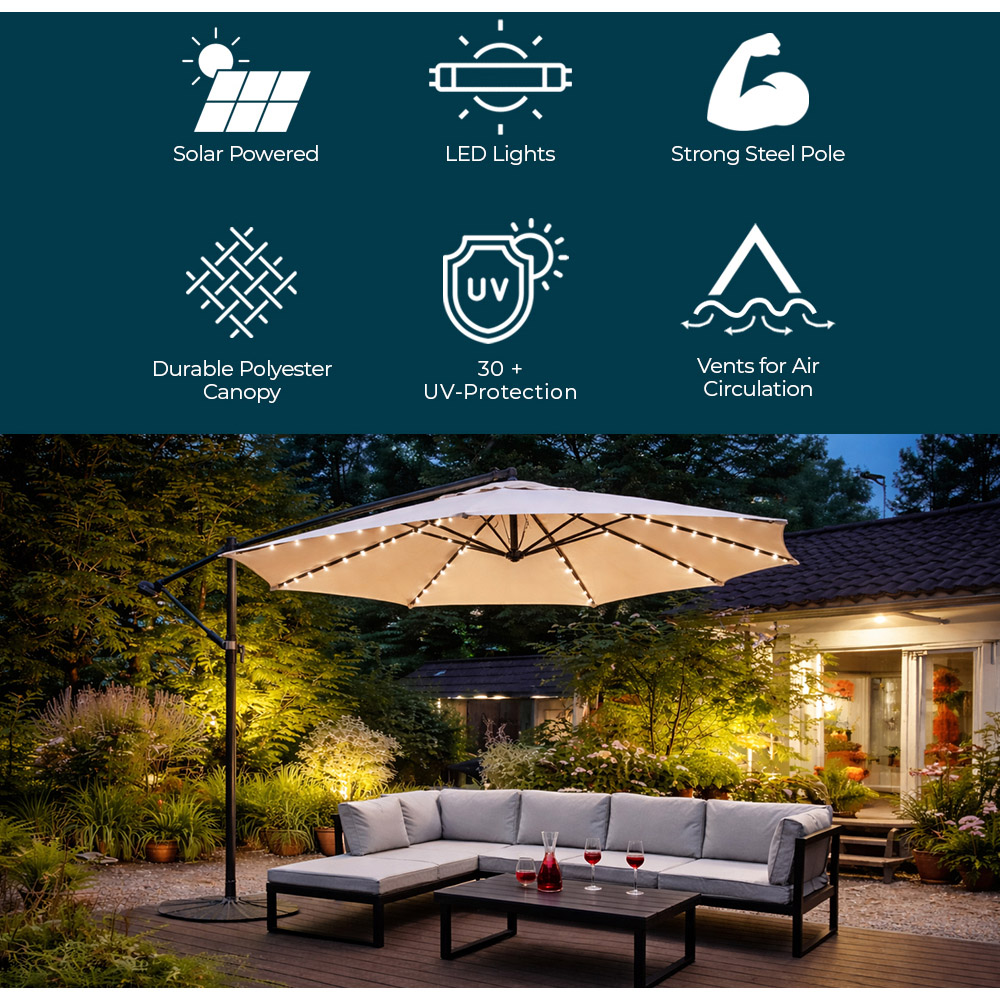 Jack Stonehouse Beige 24 Solar LED Crank Banana Hanging Parasol 3m Image 3