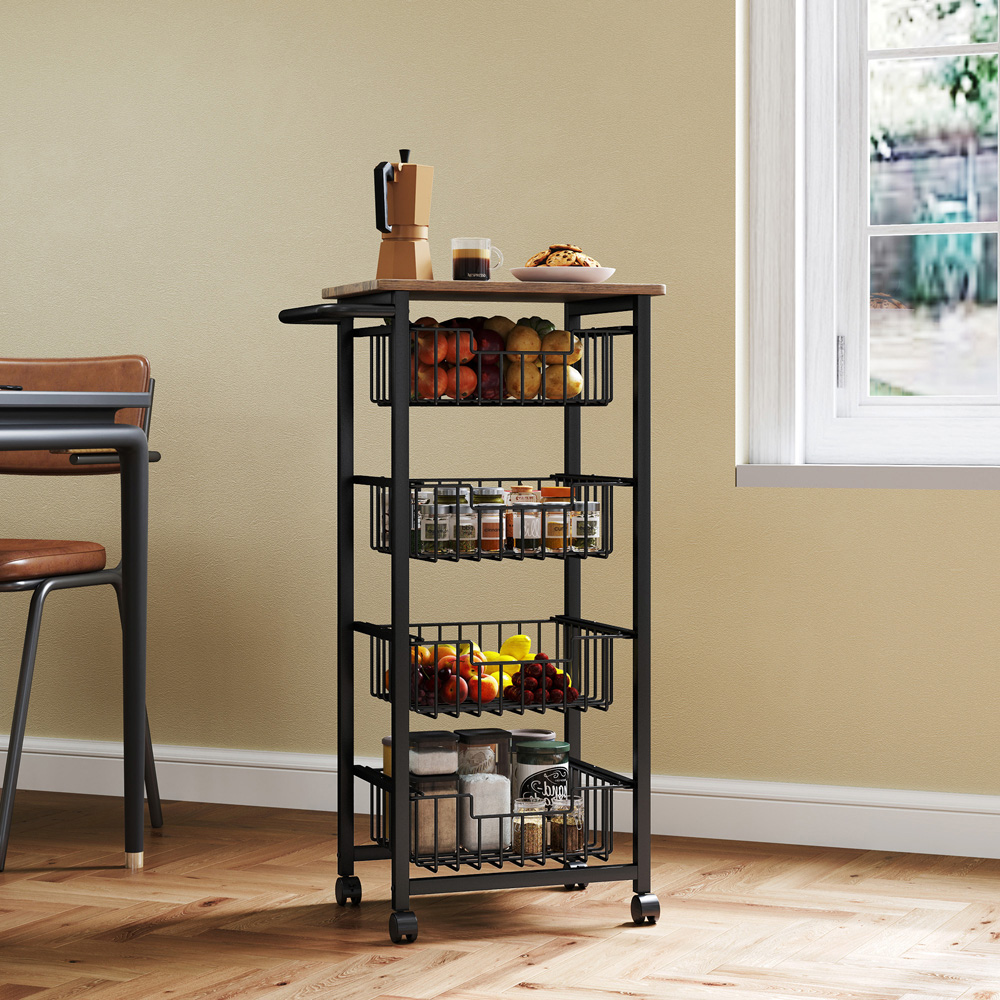 Portland 4 Tier Oak Kitchen Island Trolley with Pull-Out Baskets Image 7