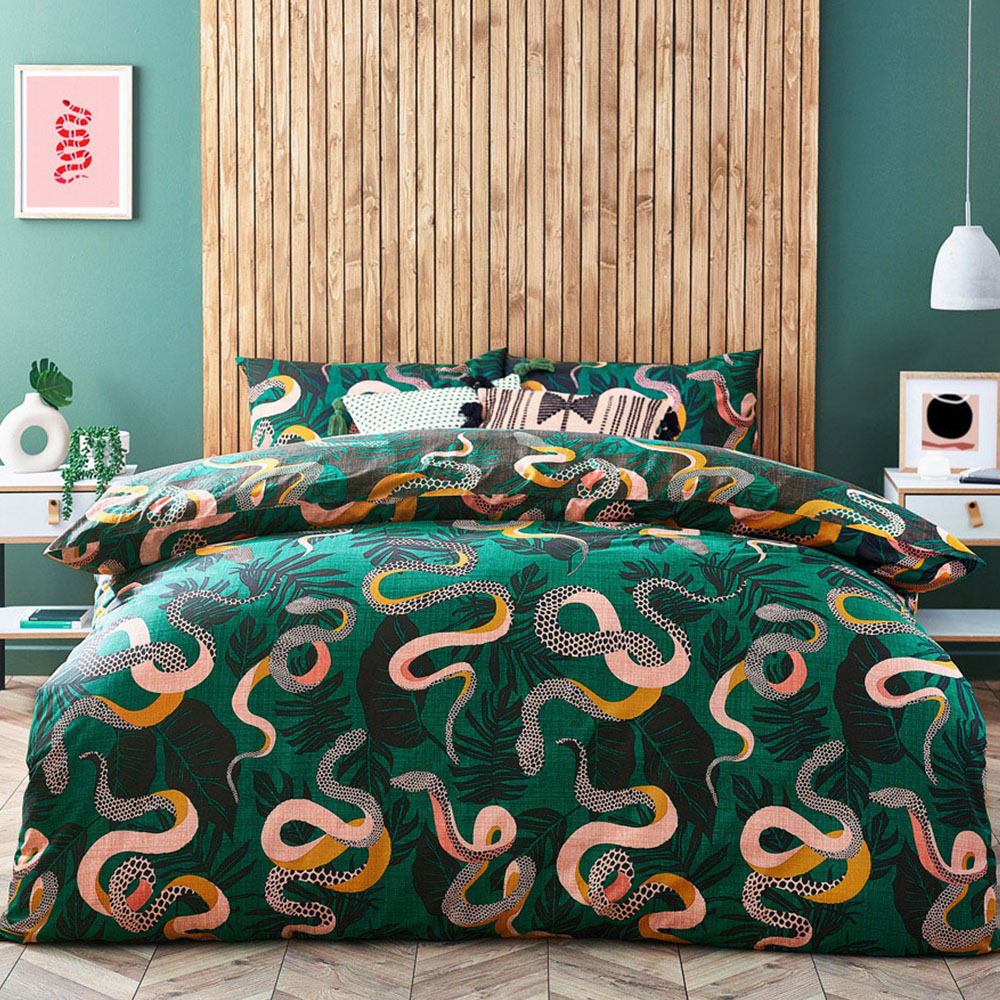 furn. Serpentine King Size Green Tropical Duvet Cover Set Image 1