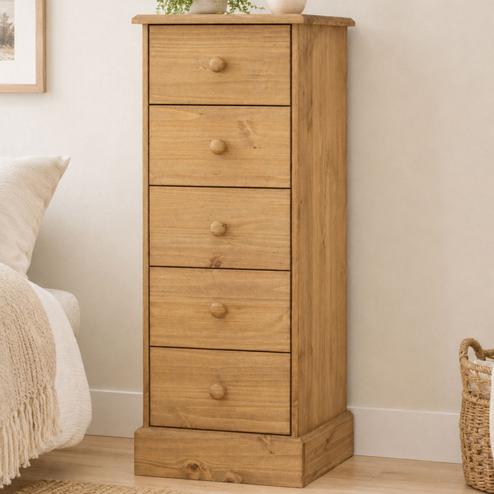 Core Products Cotswold 5 Drawer Pine Wood and MDF Narrow Chest of Drawers Image 1