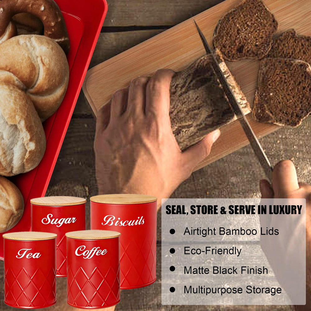 ATEK 5 Piece Red Kitchen Canister Set with Bamboo Lids Image 6