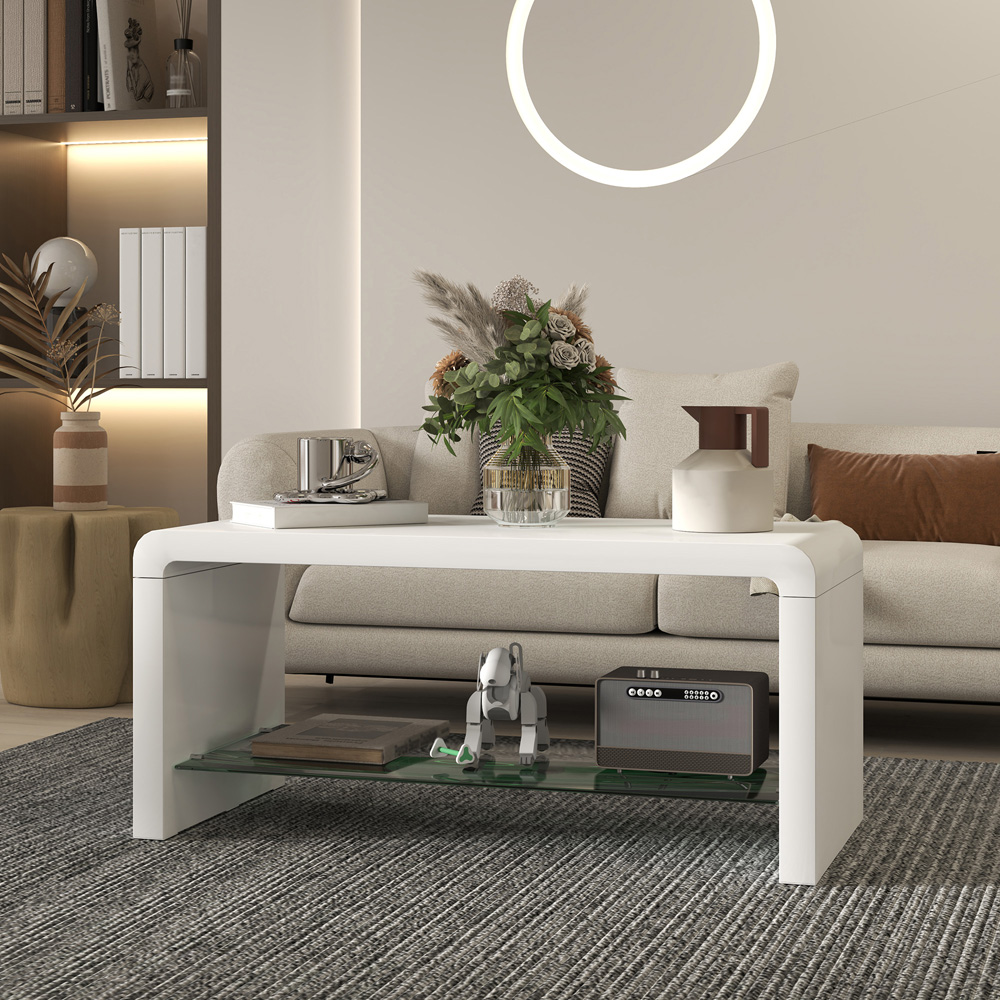 HOMCOM 2-TierHigh Gloss White Storage Coffee Table Image 7