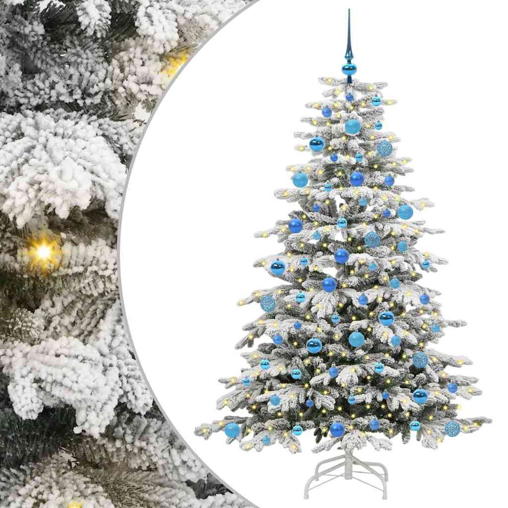 vidaXL Pre-Lit Blue Baubles White Artificial Snow Flocked Christmas Tree 6ft Image 2