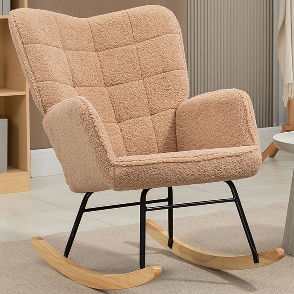 HOMCOM Light Brown Berber Fleece Wingback Rocking Chair Image 1