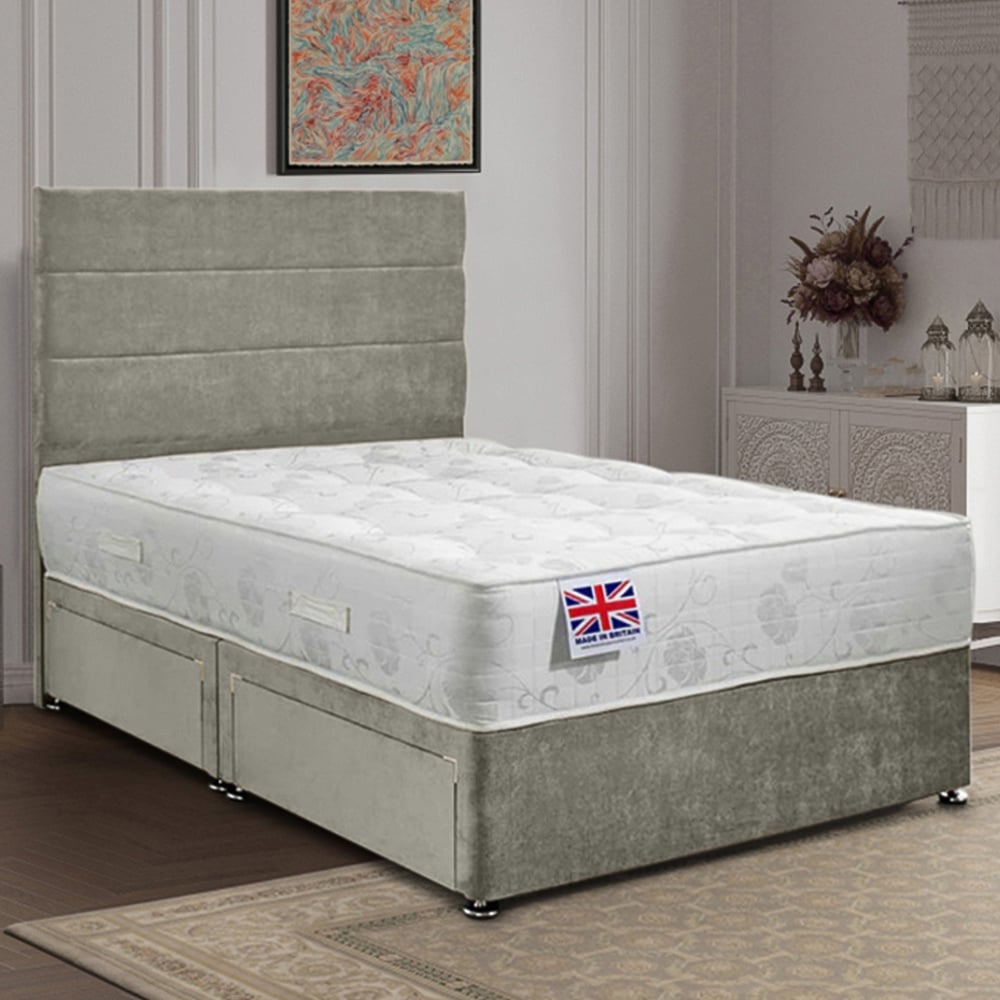 Eleganza Home Repose Super King Size Grey Plush Velvet 2 Drawer Divan Bed with Lined Headboard Image 1