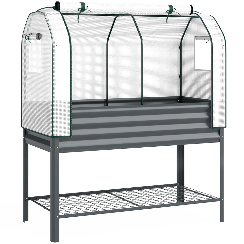 Outsunny Galvanised Raised Planter with Greenhouse Cover and Bottom Shelf 140 x 120 x 55cm Image 1