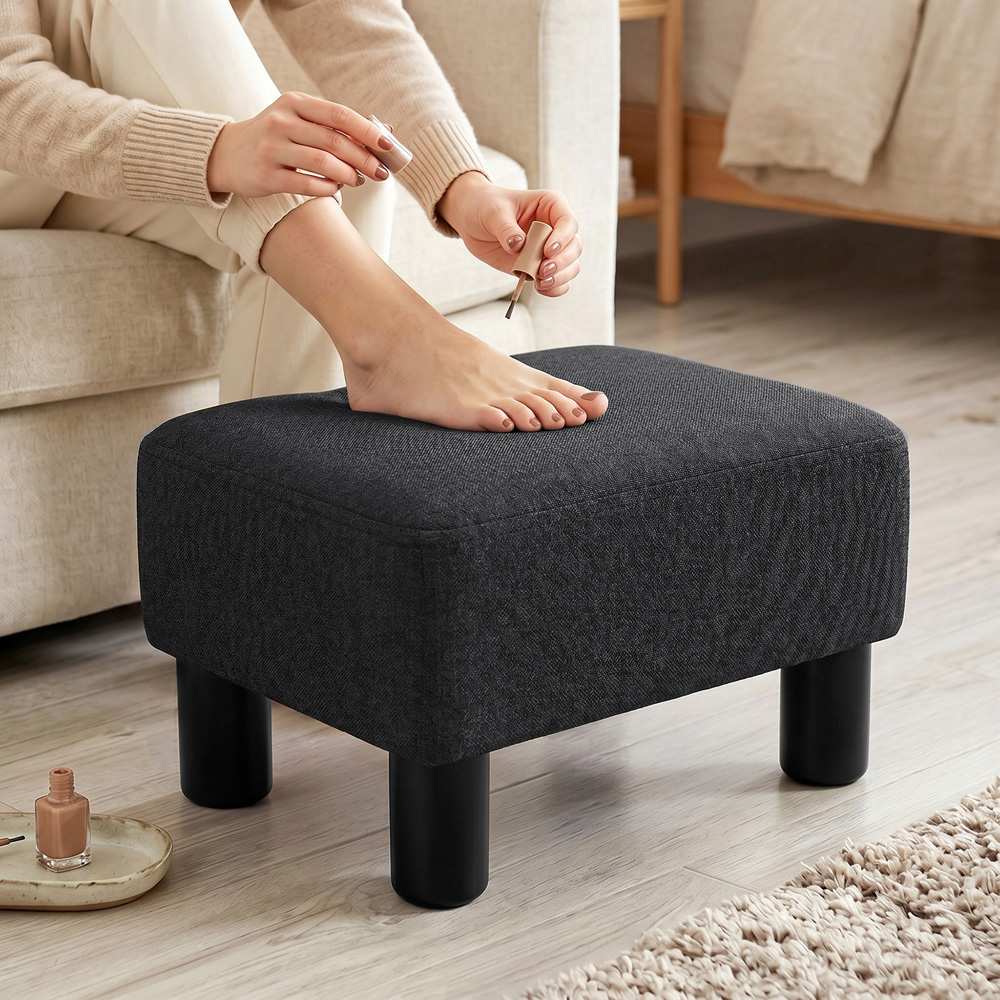 HOMCOM Black Chic Linen Fabric Footstool Ottoman Cube with Legs Image 6